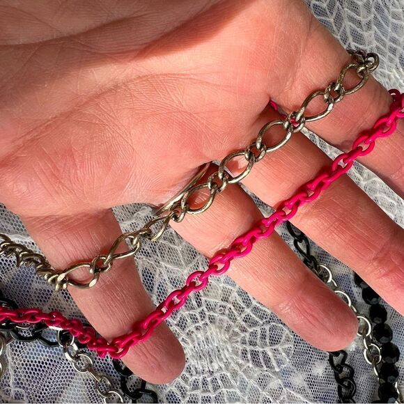 Long Multichain & Bead Necklace Black White Pink - Picture 7 of 9